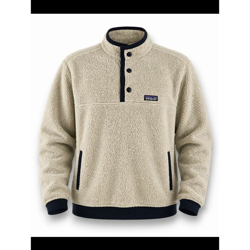 Patagonia Snap-T Fleece Pullover XL Cream Beige Navy Teddy Sherpa